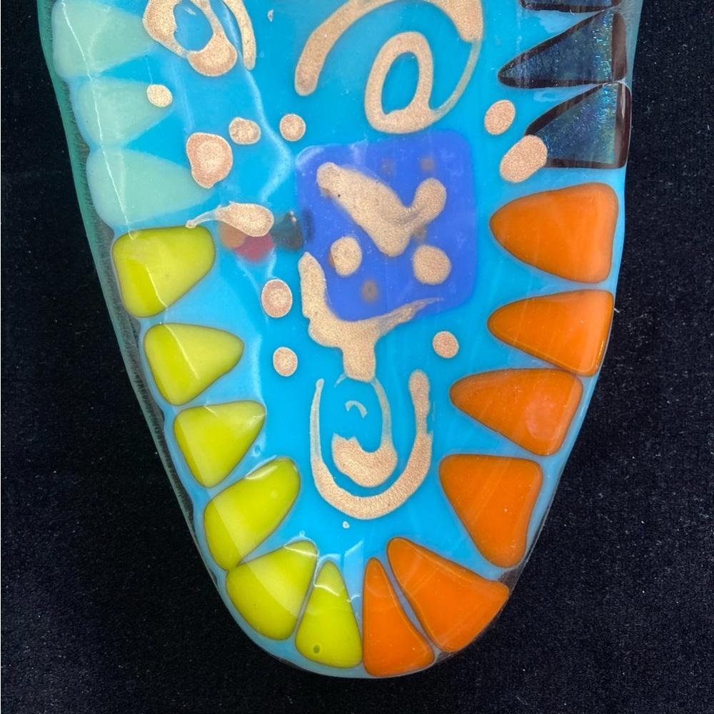 Handmade Aqua Blue Glass Oval Bowl with Fused Paint Gold Accents 10”x4” - Picture 4 of 9